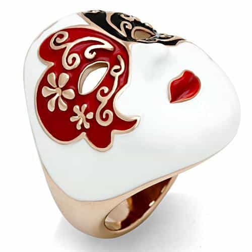 Brass Rose Gold Enamel Venetian Masquerade Red Mask Ring view 2