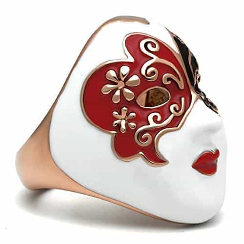 Brass Rose Gold Enamel Venetian Masquerade Red Mask Ring view 4
