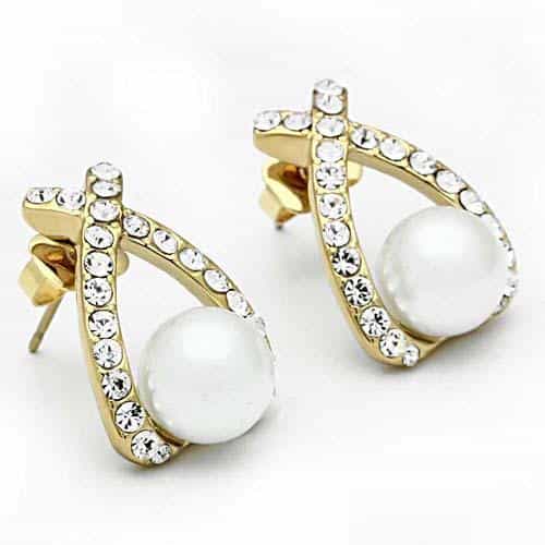 Brass Gold Pearl CZ Pave X Crossover Studs Earrings view 3