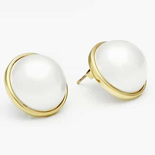 Brass Gold Pearl Round Bezel Large Drop Studs Earrings view 3