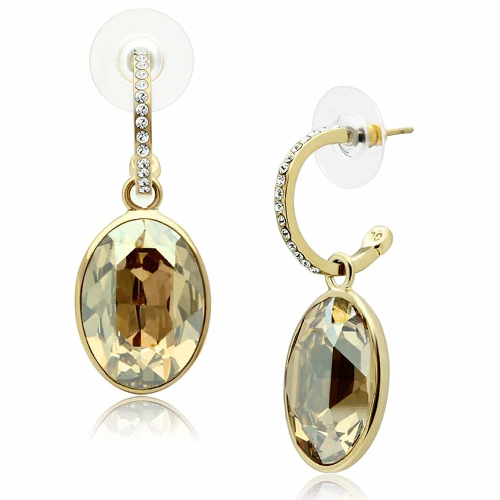 Brass Gold Champagne CZ Oval Huggie Hoop Drop Earrings view 1