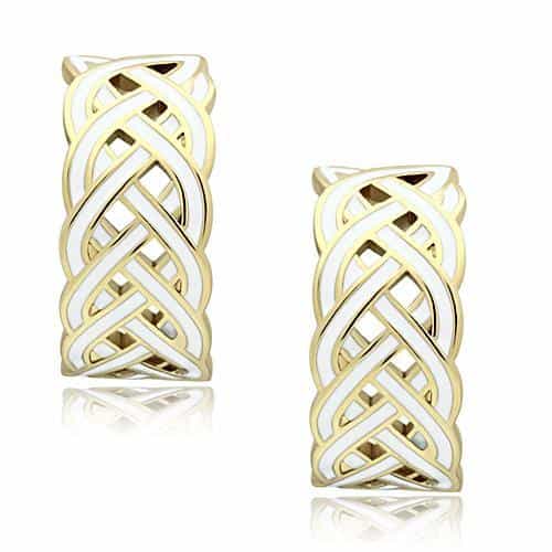 Brass Gold White Enamel Celtic Knot Weave Hoop Studs Earrings view 1
