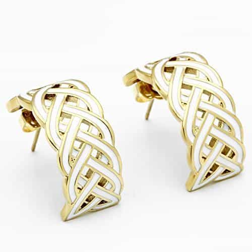 Brass Gold White Enamel Celtic Knot Weave Hoop Studs Earrings view 3