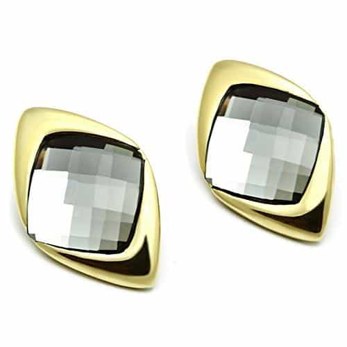 Brass Gold Smoky Grey Crystal Diamond Shape Studs Ring view 2