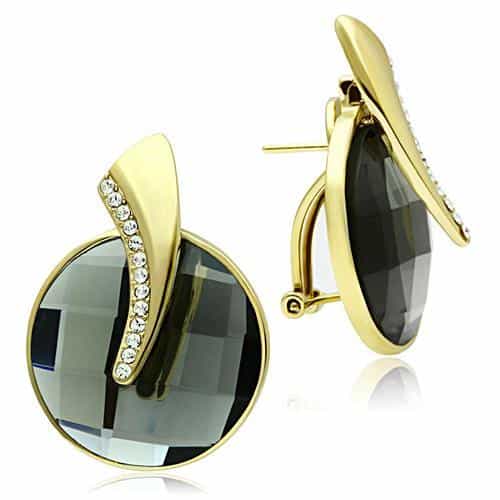 Brass Gold Smoky Grey Crystal Round CZ Swirl Leverback Earrings view 2