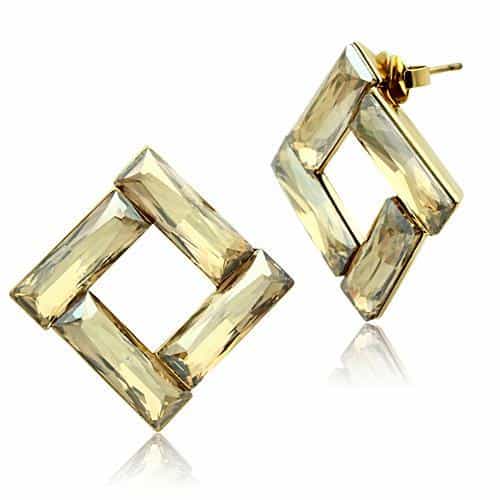 Brass Gold Champagne Crystal Open Square Geometric Hoops Ring view 1