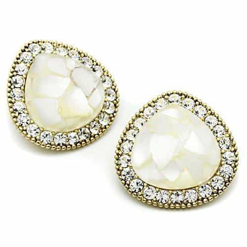 Brass Gold White Pearl Pear Pave Halo Clip Earrings view 2