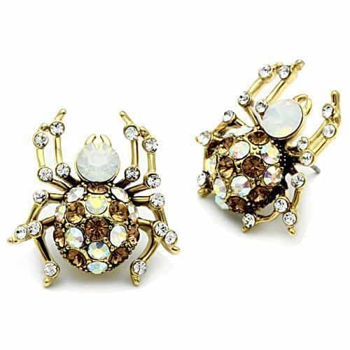 Brass Gold AB Crystal Opal Spider Bug Studs Ring view 2