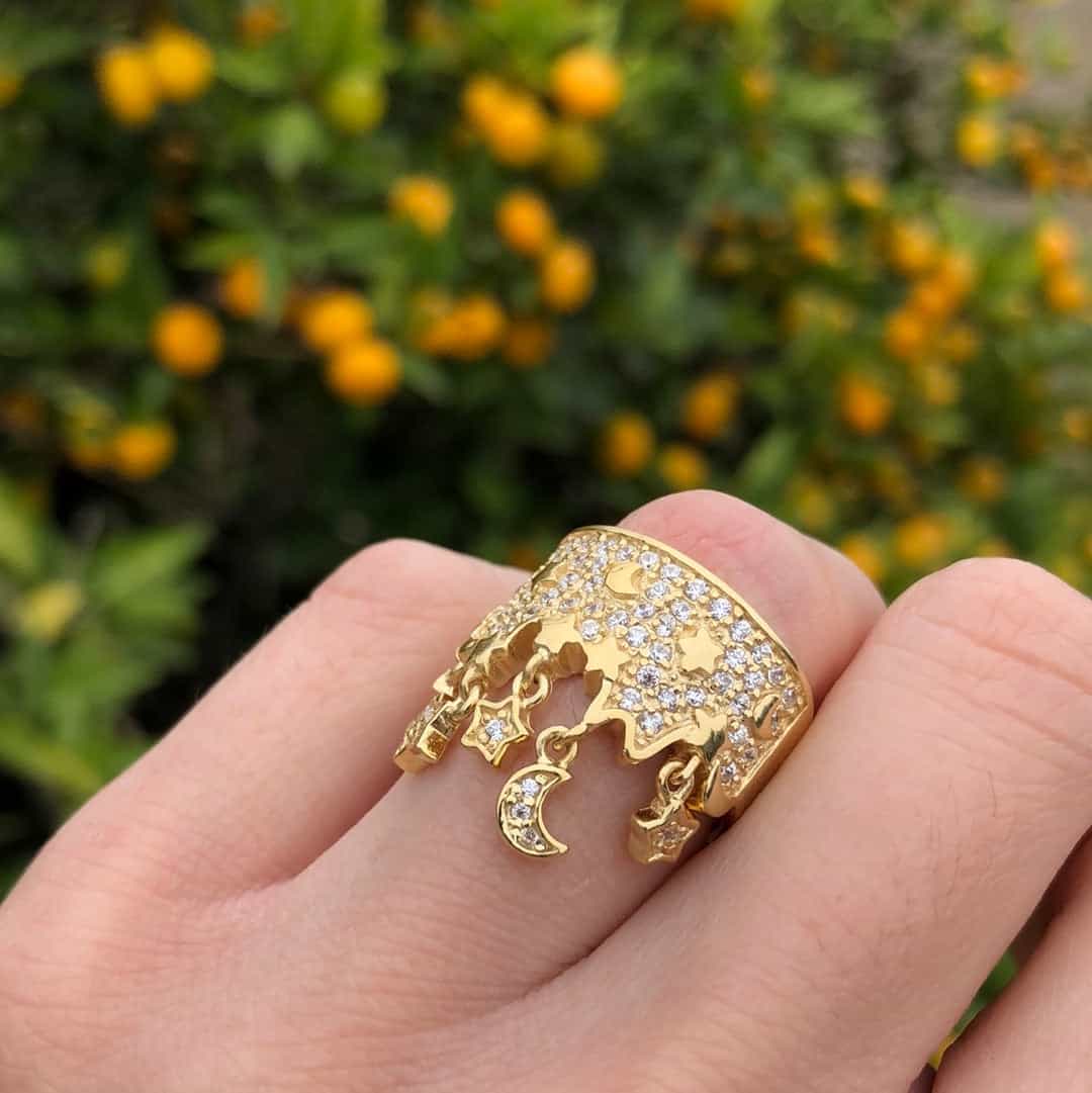 Sterling Silver Gold CZ Star Moon Celestial Open Wide Band Ring view 6