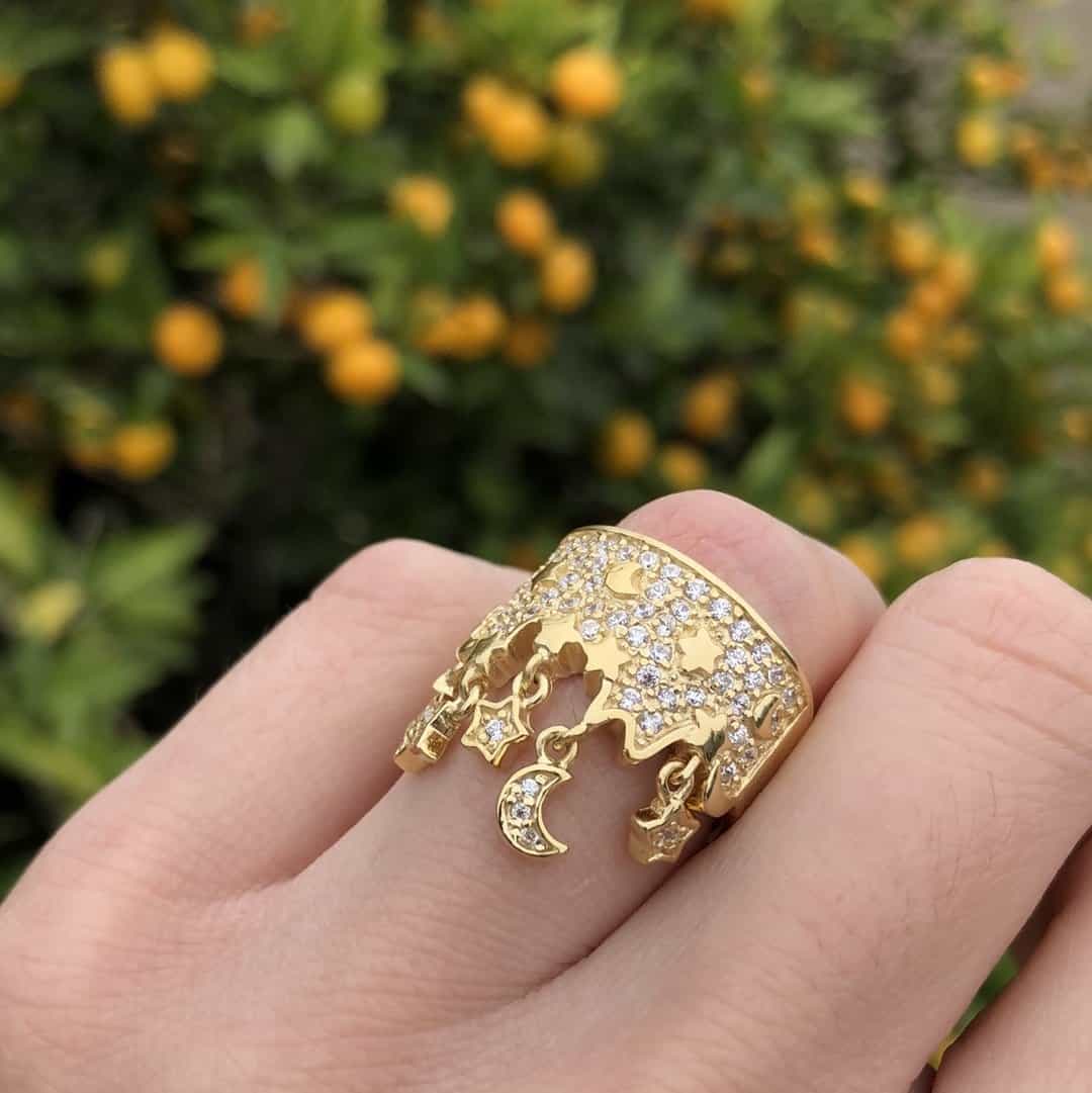 Sterling Silver Gold CZ Star Moon Celestial Open Wide Band Ring view 3