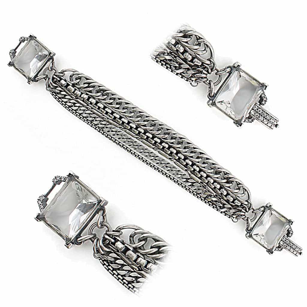 Brass Silver Crystal Emerald Cut Chain Station Bracelet view 1