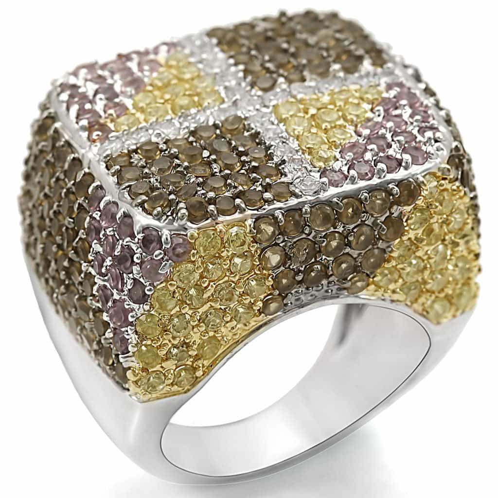 Brass Multicolor CZ Pave Checkerboard Dome Cocktail Ring view 1
