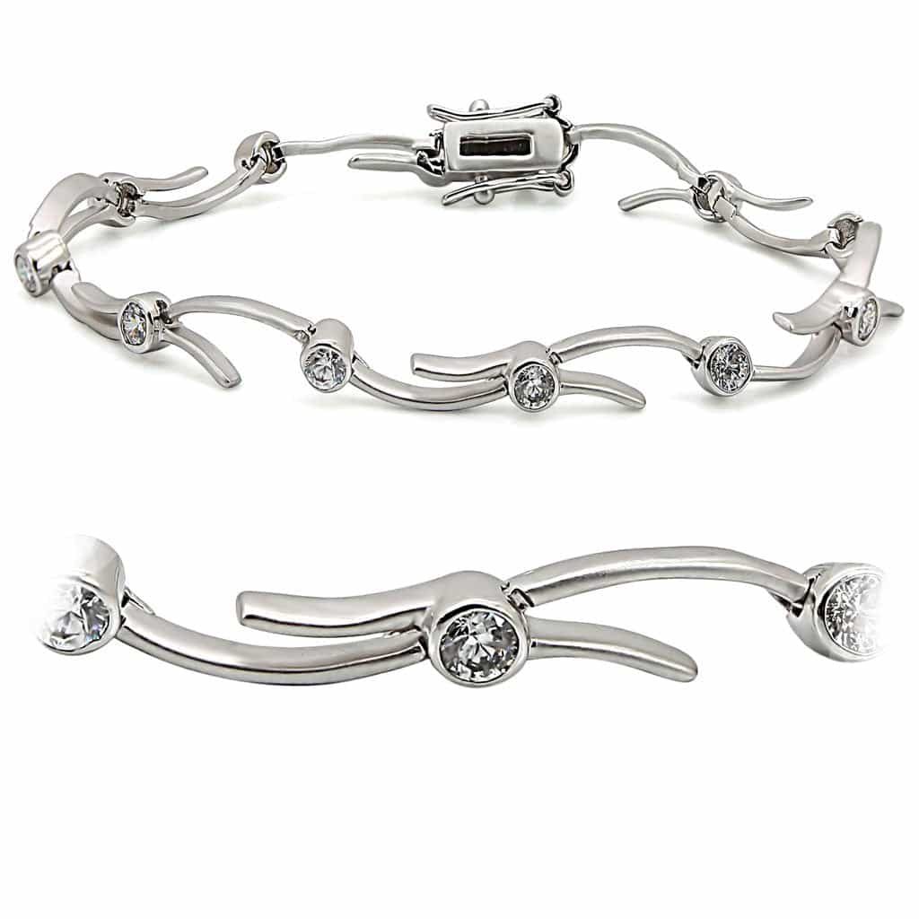 Brass Silver CZ Bezel Wave Curve Link Bracelet view 1