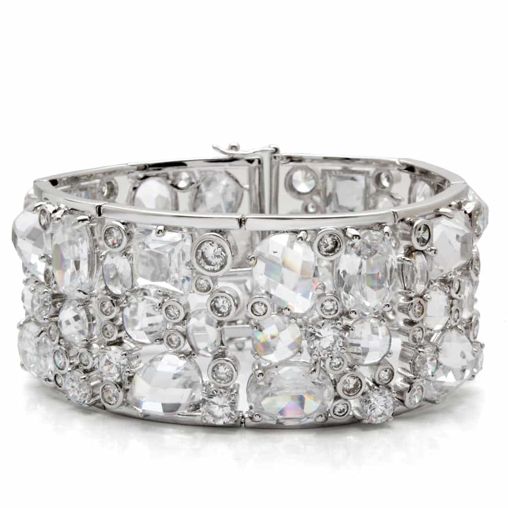 Brass Silver Clear CZ Mixed Cut Wide Stretch Bracelet view 1