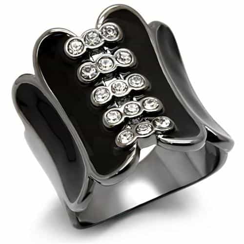 Brass Gunmetal Black Enamel CZ Wavy Wide Band Cocktail Ring view 1