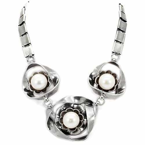 Brass Silver Pearl Rose Flower Cluster Statement Necklace view 1