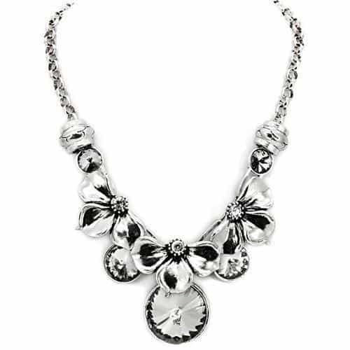 Brass Silver Crystal Flower Cluster Statement Necklace view 1
