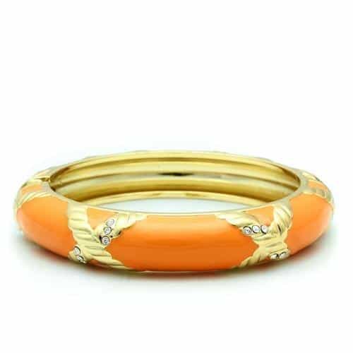 Brass Gold Orange Enamel Crystal Accent Hinged Bangle Bracelet view 1