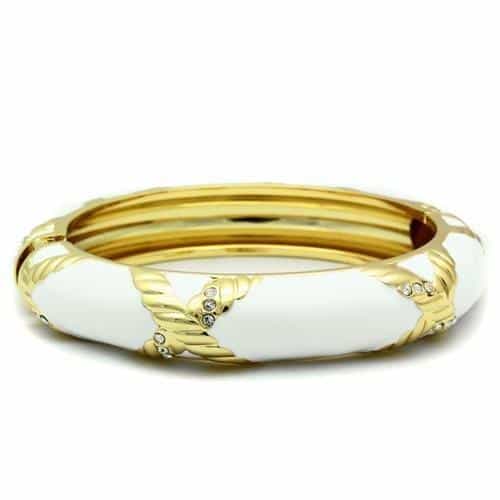 Brass Gold White Enamel Crystal Accent Hinged Bangle Bracelet view 2