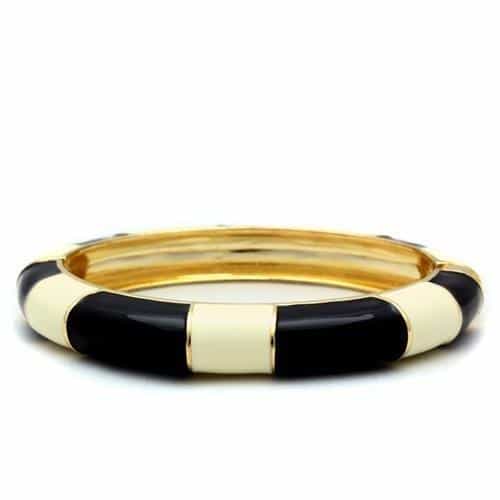 Brass Gold Black White Enamel Striped Hinged Bangle Bracelet view 1