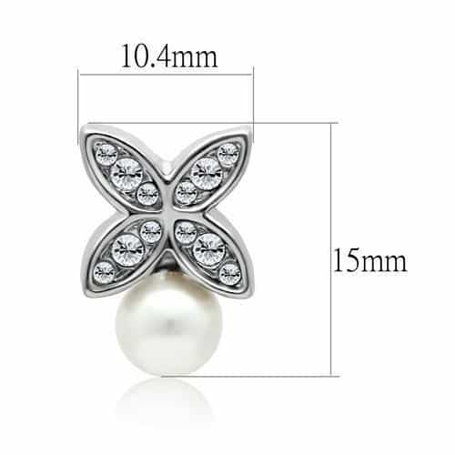 Brass Silver CZ Pave Four Petal Pearl Stud Earrings view 2