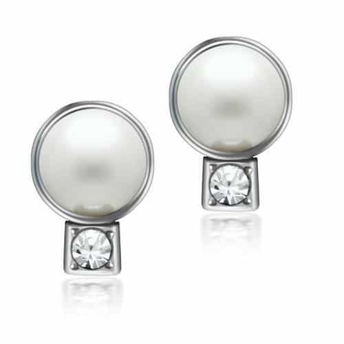 Brass Silver Pearl Round CZ Bezel Stud Earrings view 1