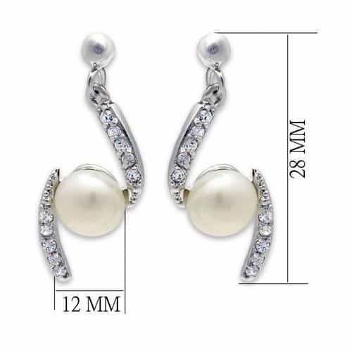 Brass Silver CZ Curved Bar Pearl Drop Earrings view 2