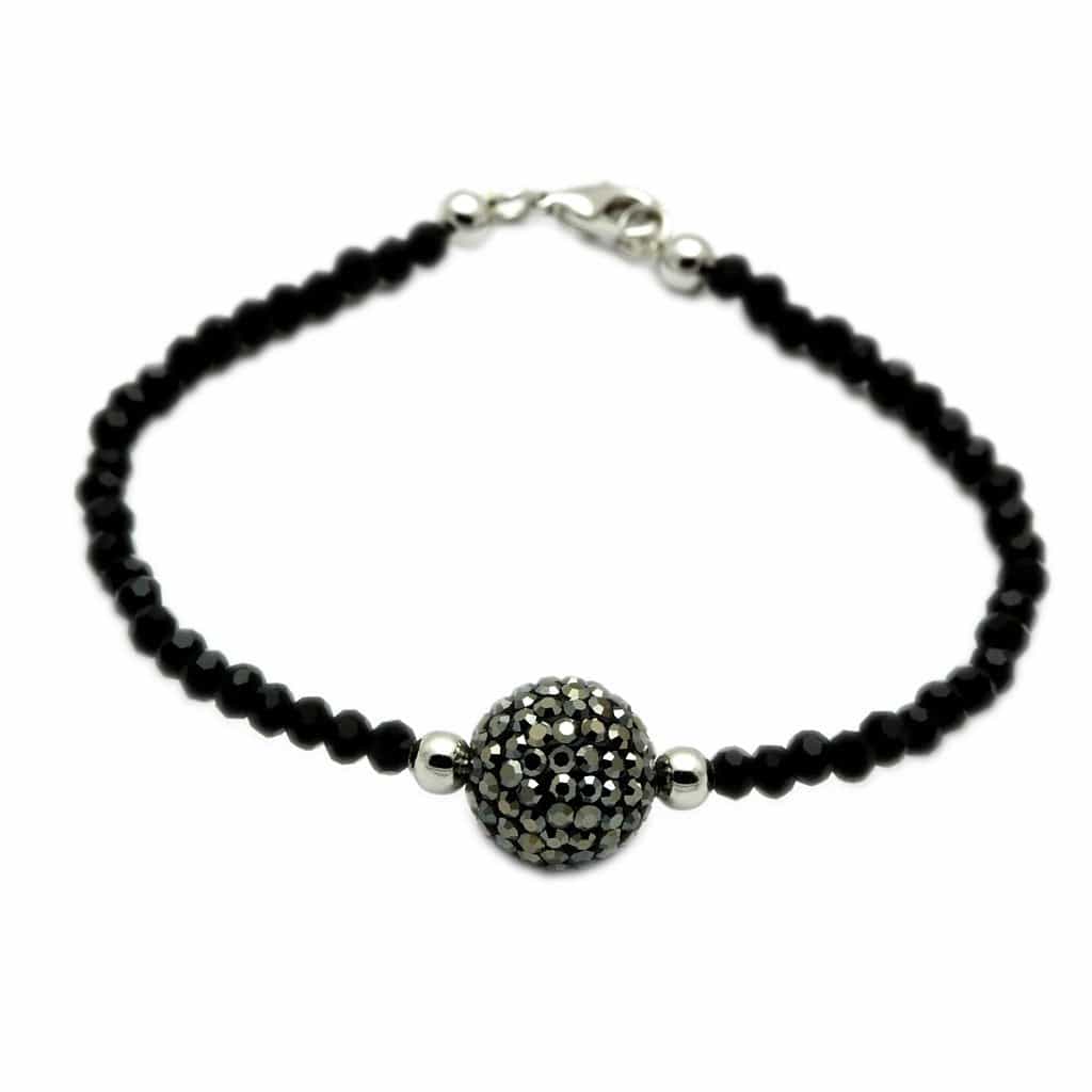 Brass Black Crystal Bead Grey Pave Ball Bracelet view 1