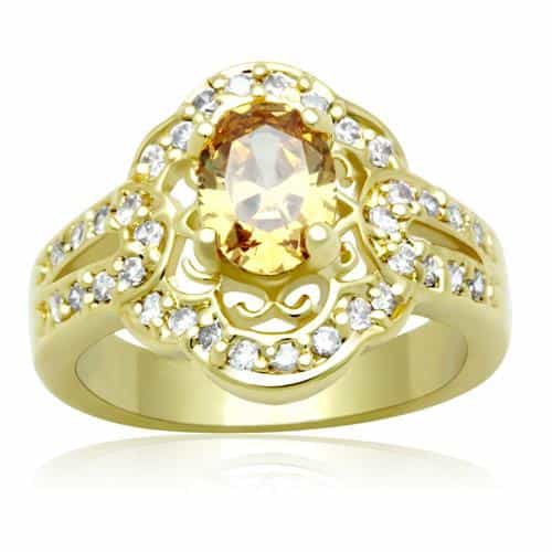 Brass Gold Champagne CZ Oval Filigree Scroll Ring view 1