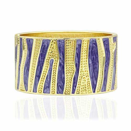 Brass Gold Purple Enamel Zebra Stripe Wide Bangle Bracelet view 1