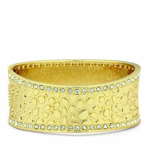 Brass Gold Hammered Textured CZ Edge Wide Bangle Bracelet view 1