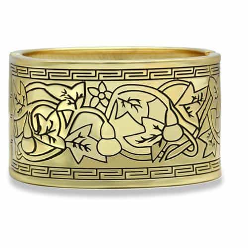 Brass Gold Etched Floral Greek Key Wide Bangle Bracelet view 1