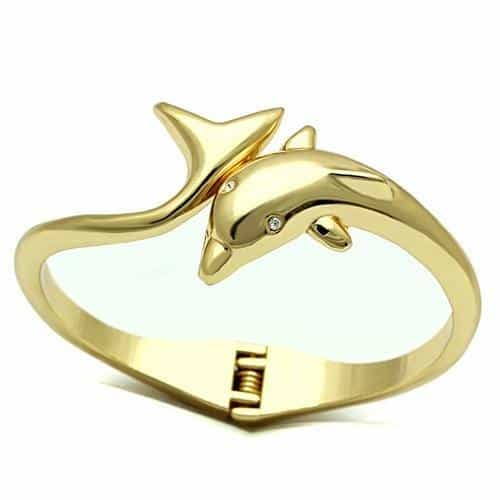 Brass Gold Polished Dolphin Figure Hinged Bangle Bracelet view 1