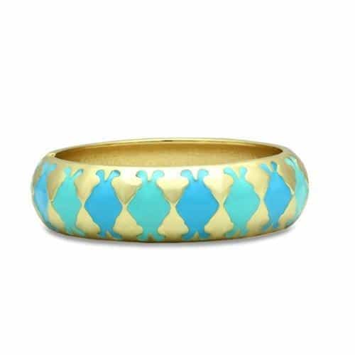 Brass Gold Turquoise Enamel Diamond Pattern Hinged Bracelet view 1