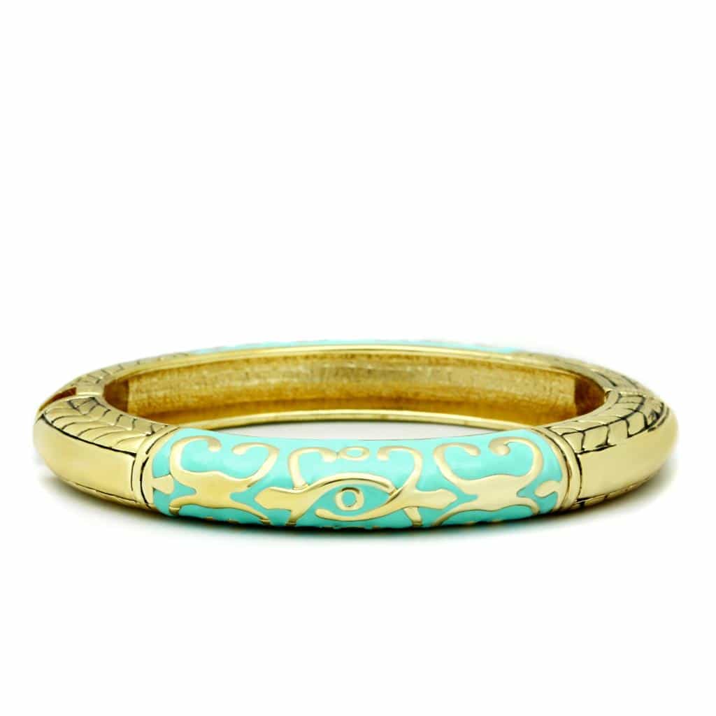 Brass Gold Turquoise Enamel Scroll Vine Hinged Bangle Bracelet view 1