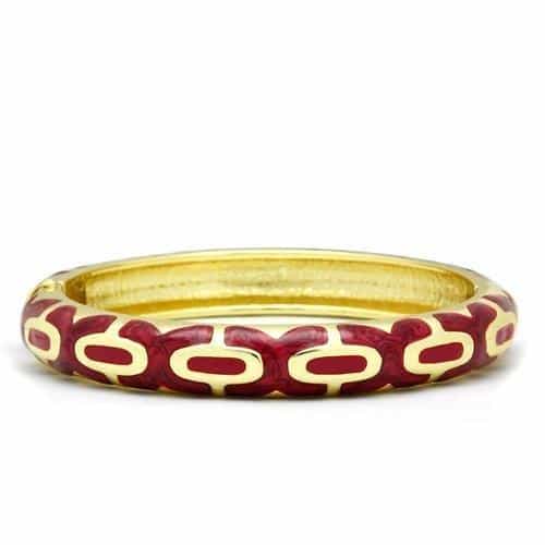 Brass Gold Red Enamel Quatrefoil Pattern Hinged Bangle Bracelet view 1