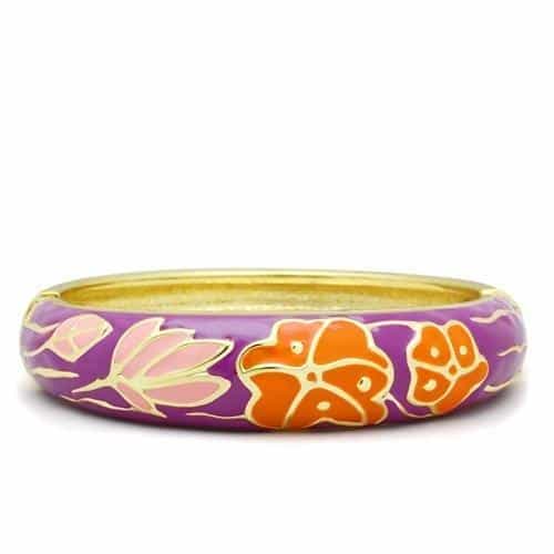 Brass Gold Purple Orange Enamel Flower Hinged Bangle Bracelet view 1