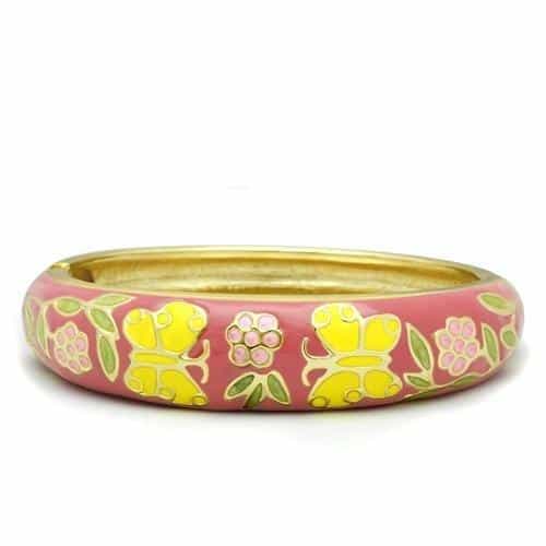 Brass Gold Pink Enamel Yellow Butterfly Flower Hinged Bracelet view 1