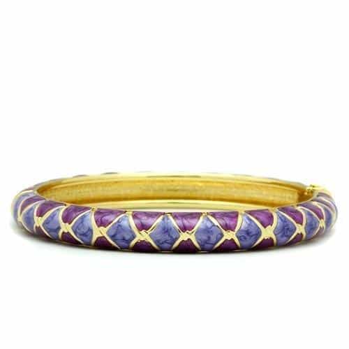 Brass Gold Purple Enamel Lattice Diamond Hinged Bangle Bracelet view 1