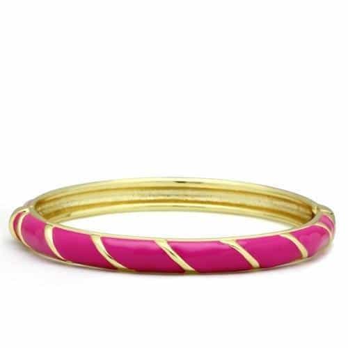Brass Gold Hot Pink Enamel Diagonal Stripe Hinged Bangle Bracelet view 1