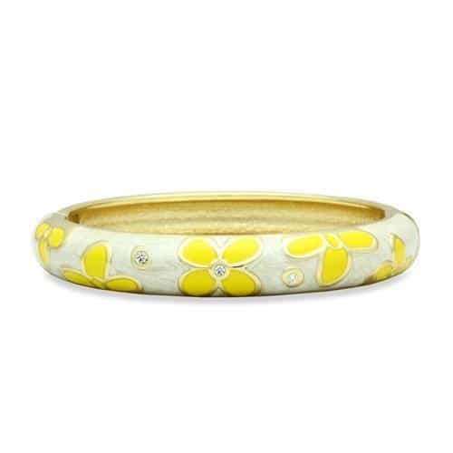 Brass Gold White Enamel Yellow Flower Crystal Hinged Bracelet view 1