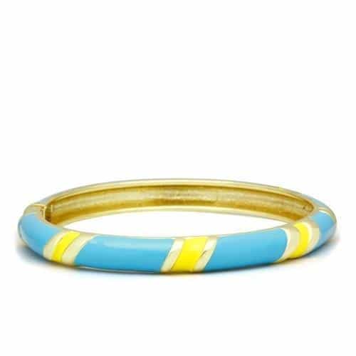 Brass Gold Blue Yellow Enamel Stripe Hinged Bangle Bracelet view 1