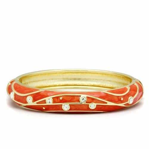 Brass Gold Red Orange Enamel Crystal Vine Hinged Bangle Bracelet view 1