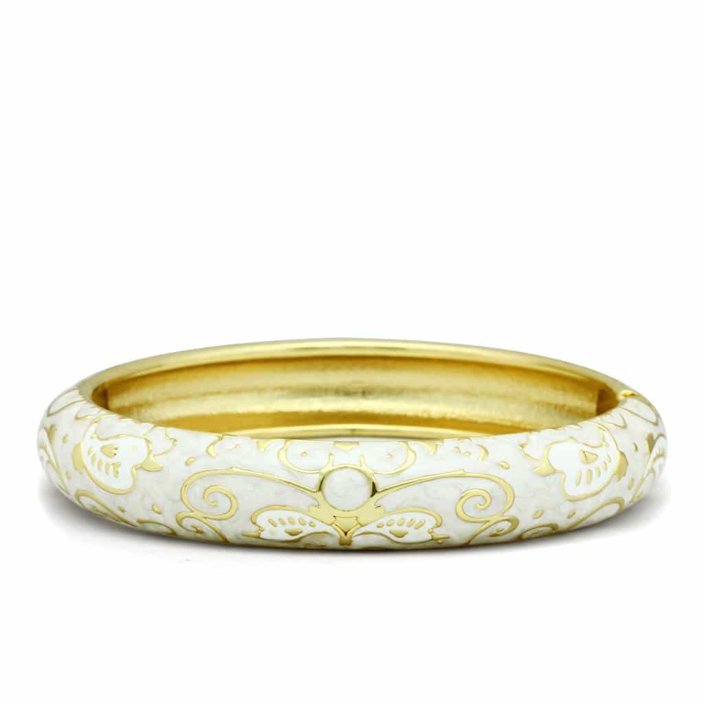 Brass Gold White Enamel Scroll Vine Pearl Hinged Bangle Bracelet view 1