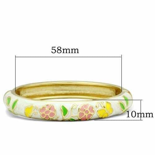 Brass Gold White Enamel Pink Flower Garden Hinged Bangle Bracelet view 2
