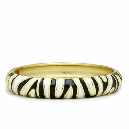 Brass Gold Black White Enamel Zebra Stripe Hinged Bangle Bracelet view 1