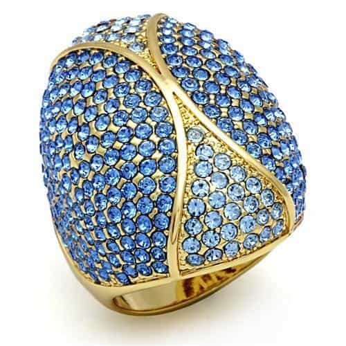 Brass Gold Blue Crystal Pave Wave Dome Cocktail Ring view 1