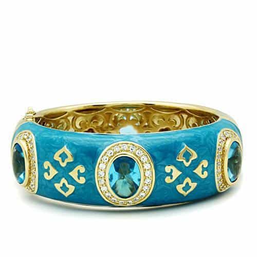Brass Gold Turquoise Enamel Scroll Crystal Hinged Ring Bracelet view 1