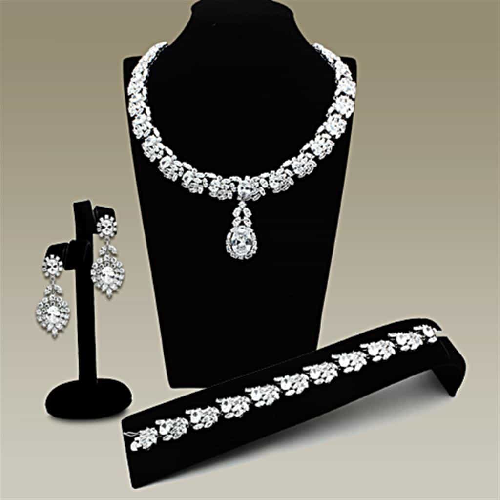 Brass Silver CZ Cluster Cascade Statement Jewelry Set view 1