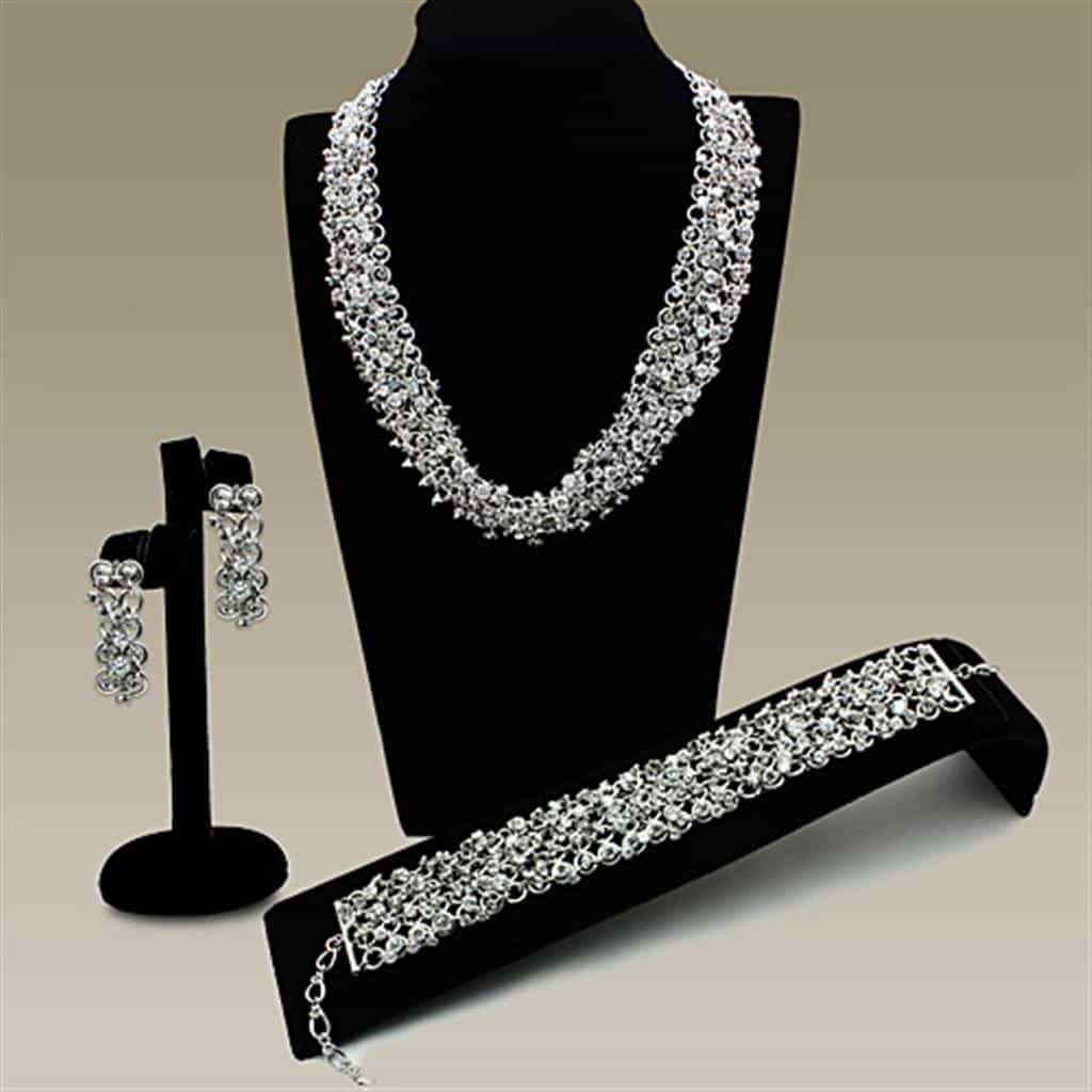 Brass Silver CZ Round Cluster Statement Jewelry Set view 1